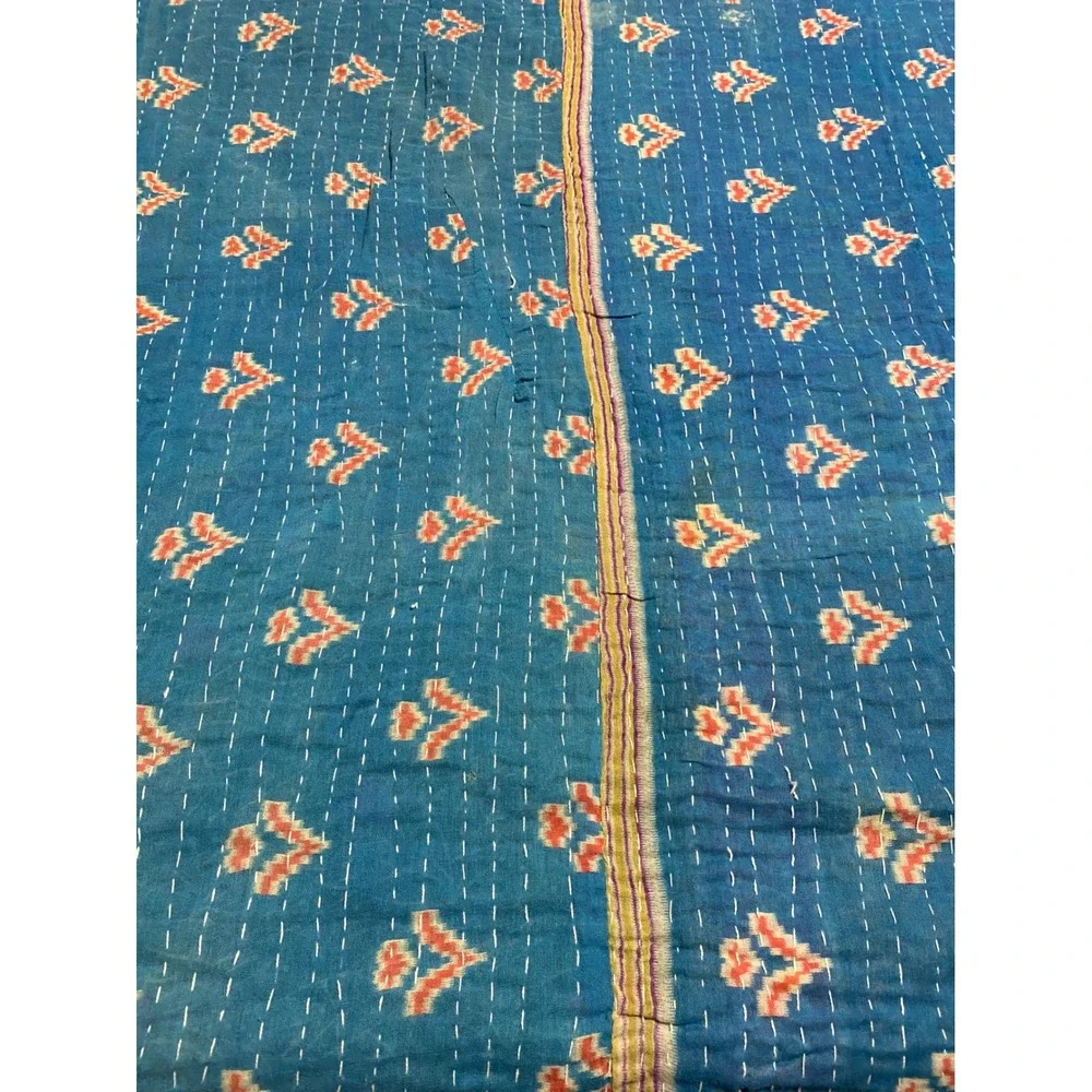 Kantha Quilt Hand Stitched Paisley Cotton Throw Blanket Reversible Blue Red Gold